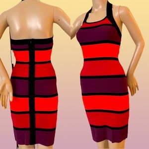 Express Purple Orange Pink Stripe Halter Stretch Cocktail Dress Zips Packable XS